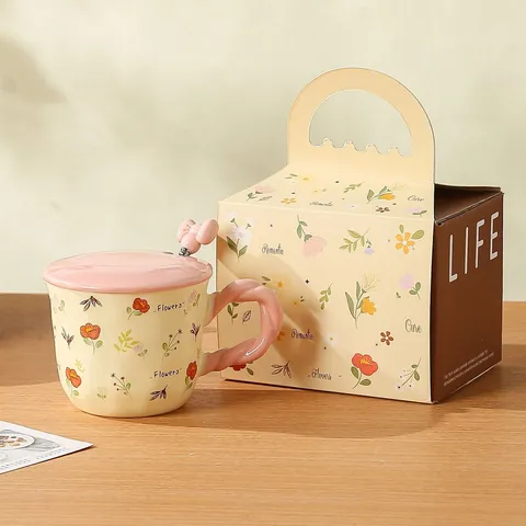 Keramik Kaffeetasse Mit Deckel Und Löffel Süßes Blumenmuster Teetasse Mit Geschenkbox Für Zuhause Büro