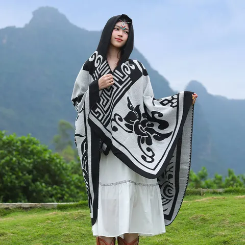 Ethnic Style Hooded Shawl Women Men Vintage Color Block Jacquard Cape Viscose Thermal Travel Poncho Wrap Scarf