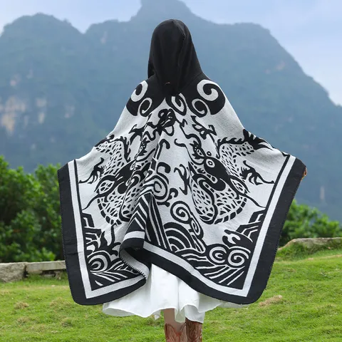 Ethnic Style Hooded Shawl Women Men Vintage Color Block Jacquard Cape Viscose Thermal Travel Poncho Wrap Scarf