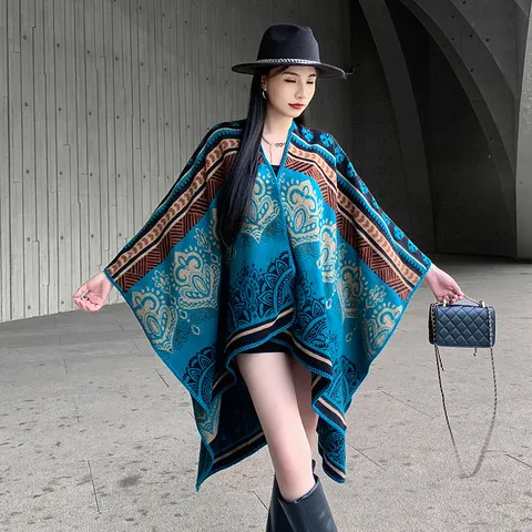 Chal Capa de Punto Cálido de Invierno para Mujer Estampado Geométrico Retro Poncho Abierto Dividido Bufanda Ropa de Viaje de Moda