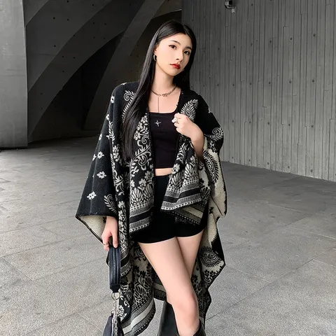 Damen Ethno Paisley Druck Gestrickte Cape Schal Winter Warm Offene Vordere Oberbekleidung Decke Umhang Tuch