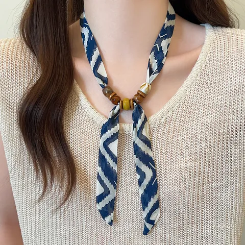 Dames Mode Kralen Kleine Zijden Sjaal Verstelbare Halsketting Retro Etnische Stijl Bedrukte Satijn Sjaal Halsketting Sieraden