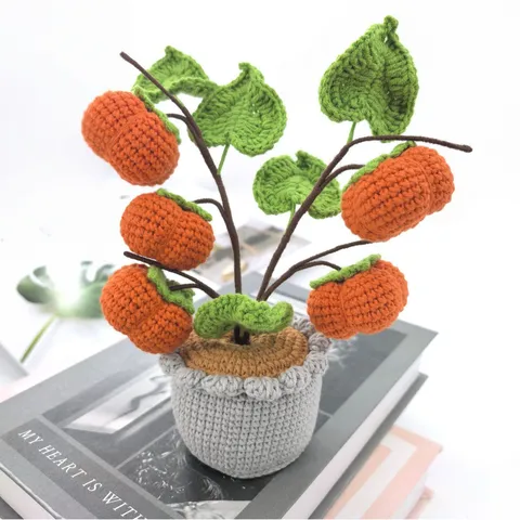Handmade Crochet Wool Potted Plant Cute Artificial Fruit Persimmon Loquat Apple Orange Home Decor Desktop Ornament Gift