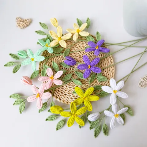 Handmade Crochet Yarn Jasmine Flower Bouquet Knitted Floral Arrangement For Room Bedroom Home Decor Festival Gift