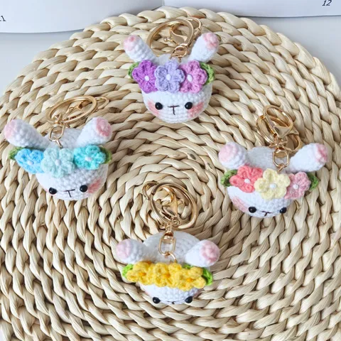 Handmade Crochet Rabbit Flower Keychain Cute Plush Animal Doll Bag Pendant Soft Yarn Key Ring Ornament Gift For Women