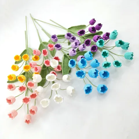 Handmade Crochet Wool Yarn Lily Of The Valley Artificial Flower Branch Pastoral Style Home Decor Fake Flower Bouquet