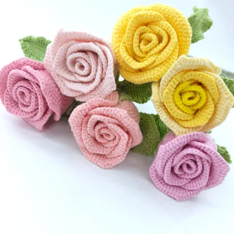 Handmade Knitted Crochet Wool Rose Flower Wine Glass Floral Bouquet Valentine Day Gift Home Decor Artificial Flower