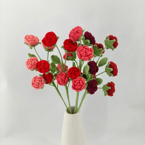 Handcrafted Crocheted Wool Yarn Rose Flower Bouquet With White Ceramic Vase Artificial Knitted Floral Arrangement Gift For Home Decor New Year