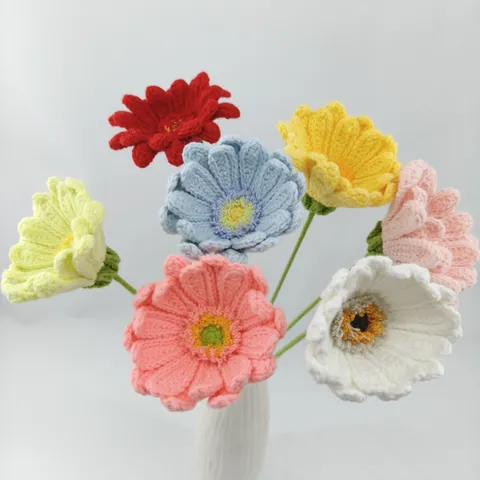 Handmade Knitted Woolen Yarn Gerbera Daisy Artificial Flower Bouquet Crochet Fake Flower For Home Wedding Party Decor