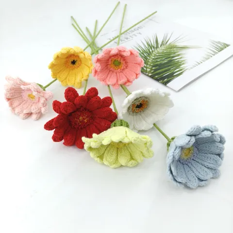 Handmade Knitted Woolen Yarn Gerbera Daisy Artificial Flower Bouquet Crochet Fake Flower For Home Wedding Party Decor