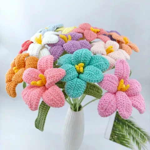 Handmade Crochet Yarn Tulip Eternal Flower Bouquet With Ceramic Vase Knitted Artificial Flowers Home Decor Gift
