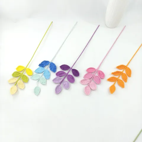 Handmade Knitted Wool Rose Leaf Artificial Flower Branch Crochet Plant For Home Decor