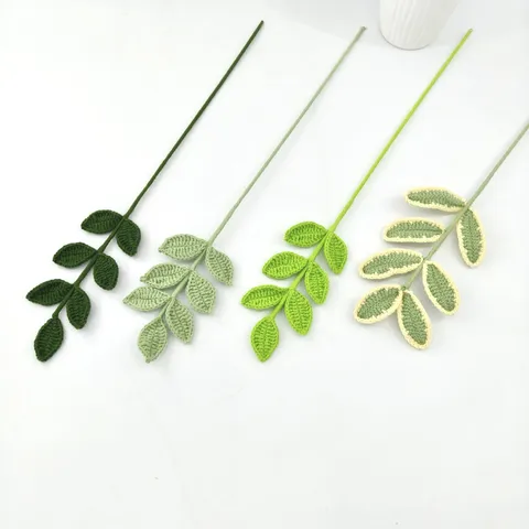 Handmade Knitted Wool Rose Leaf Artificial Flower Branch Crochet Plant For Home Decor