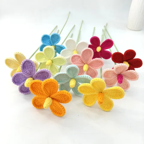 Handmade Crochet Knitted Plumeria Flower Branch Artificial Yarn Flower Home Decor Gift Single Stem Floral Arrangement