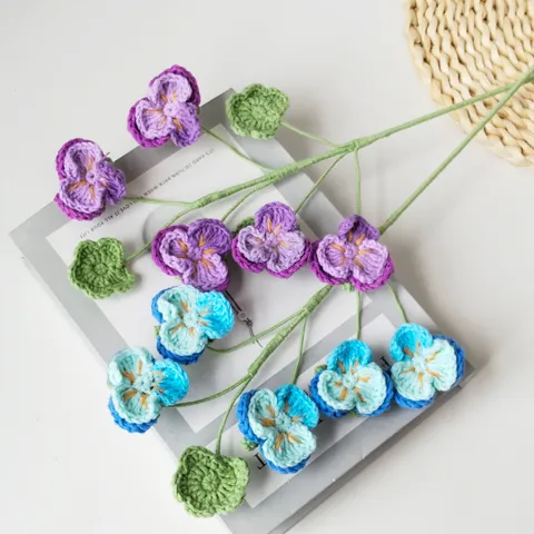 Handmade Crochet Wool Pansy Flower Branch Simulated Floral Arrangement For Home Decor Living Room Desktop Ornament