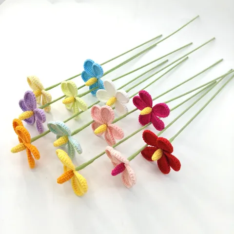 Handmade Crochet Knitted Plumeria Flower Branch Artificial Yarn Flower Home Decor Gift Single Stem Floral Arrangement