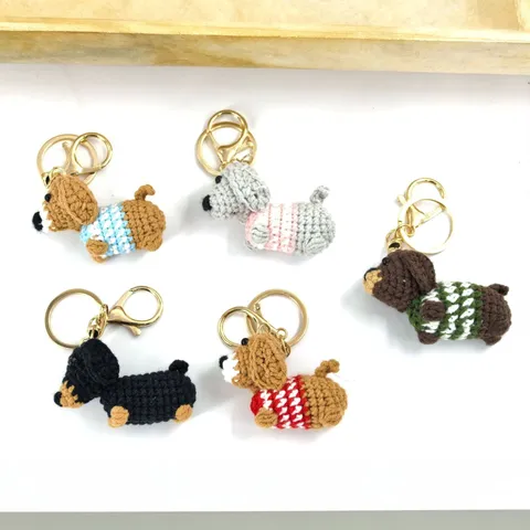 Handmade Crochet Dachshund Keychain Cute Knitted Dog Bag Pendant Cartoon Animal Car Key Ring Wallet Charm Gift