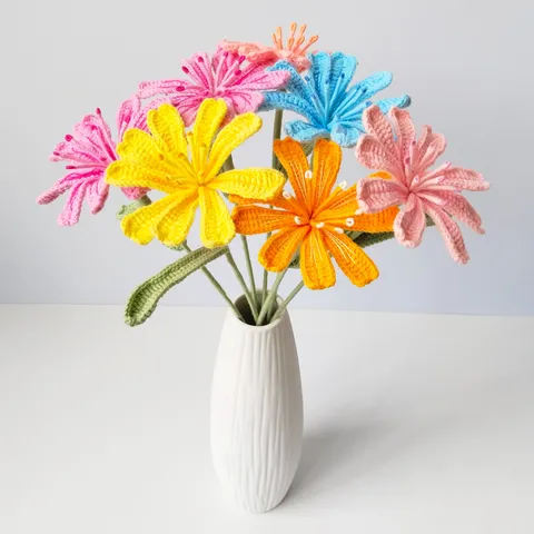 Handmade Knitted Wool Yarn Fake Flower Single Branch Simulation Floral Home Decor Artificial Crochet Flower Ornament