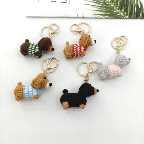 Handmade Crochet Dachshund Keychain Cute Knitted Dog Bag Pendant Cartoon Animal Car Key Ring Wallet Charm Gift