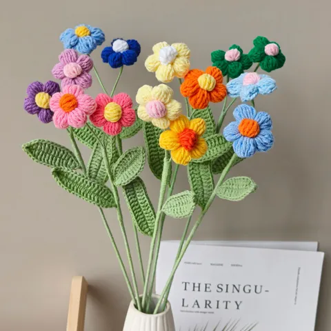 Handmade Knotted Yarn Artificial Flower Bouquet Crochet Puff Flowers Home Decor Gift Table Centerpiece Decoration