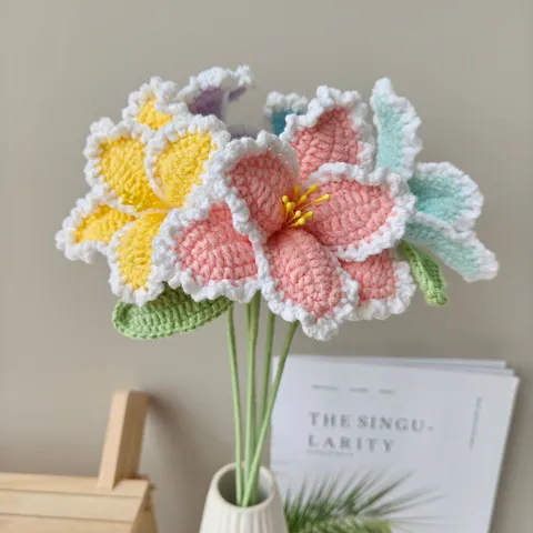 Handmade Knitted Yarn Parrot Tulip Artificial Flower Branch Home Decor Crochet Fake Plant Desktop Ornament