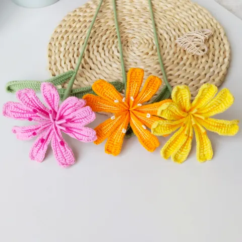 Handmade Knitted Wool Yarn Fake Flower Single Branch Simulation Floral Home Decor Artificial Crochet Flower Ornament