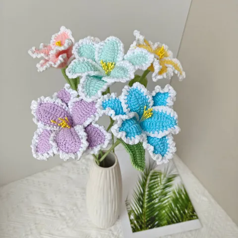 Handmade Knitted Yarn Parrot Tulip Artificial Flower Branch Home Decor Crochet Fake Plant Desktop Ornament