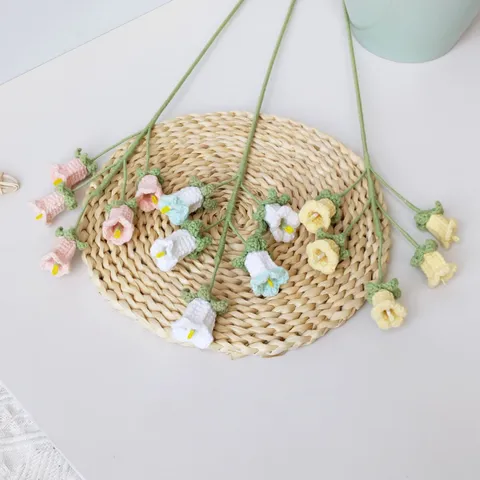 Handmade Knitted Bellflower Bouquet Crochet Yarn Flower Branch For Home Restaurant Table Decor Craft Gift