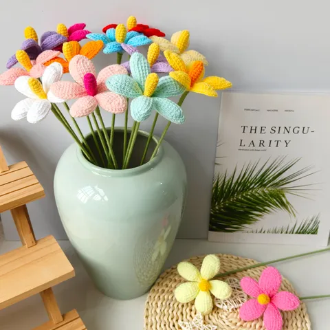 Handmade Crochet Plumeria Flower Simulation Green Plant Artificial Flower Knitted Bouquet Home Office Decor