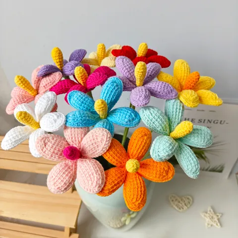 Handmade Crochet Plumeria Flower Simulation Green Plant Artificial Flower Knitted Bouquet Home Office Decor
