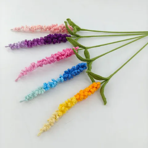 Handmade Crochet Lavender Flower Wool Yarn Artificial Flower Branch Creative Home Decor Birthday Gift Knitted Flower