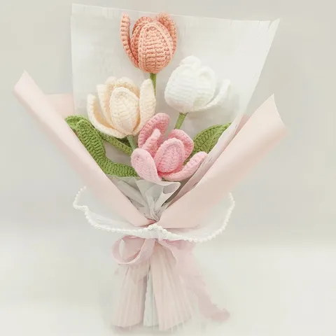 Handmade Knitted Yarn Flower Bouquet Crochet Tulip Rose Finished Bouquet For Mother Teacher Day Gift Home Decor