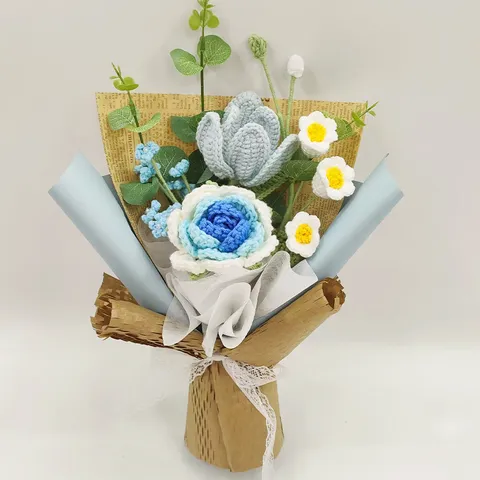Handmade Knitted Yarn Flower Bouquet Crochet Tulip Rose Finished Bouquet For Mother Teacher Day Gift Home Decor