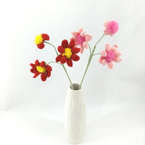 Handmade Knitted Yarn Daisy Flower Bouquet With Ceramic Vase Artificial Simulation Flower Home Decor Gift