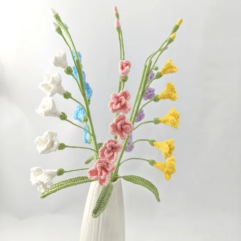 Handmade Knitted Woolen Freesia Flower Bouquet Artificial Flower With Ceramic Vase For Home Decor New Year Gift