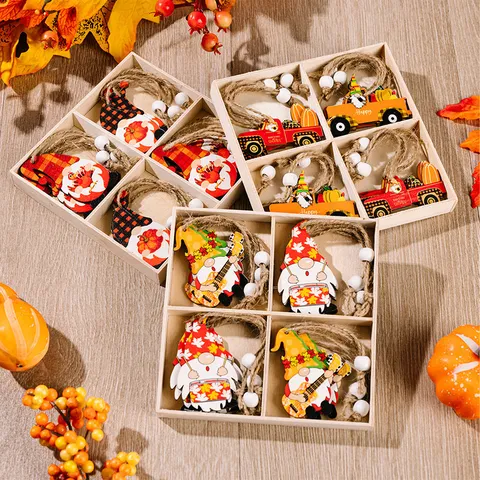 Harvest Season Wooden Hanging Ornaments Thanksgiving Gnome Pumpkin Truck Wood Craft Box Set Holiday Home Decor