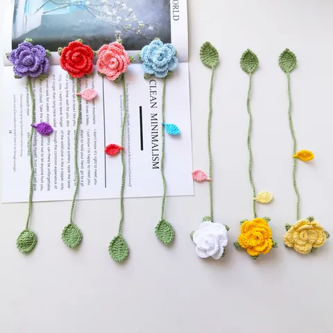 Handmade Knitted Wool Rose Flower Bookmark Crochet Floral Cute Book Markers For Reading Lovers Gifts