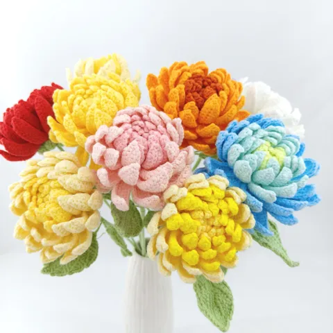 Handmade Crochet Dahlia Flower Bouquet Gradient Color Knitted Artificial Floral Arrangement For Home Decor Gift Party