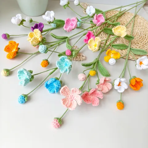 Hand Knitted Wool Yarn Artificial Flower Branch Androsace Floral Home Decor Handcrafted Knitted Plant Ornament Gift