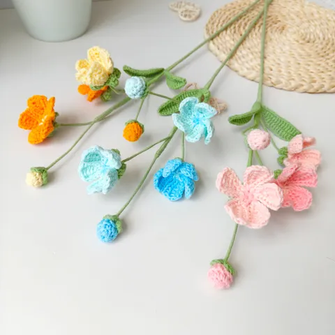 Hand Knitted Wool Yarn Artificial Flower Branch Androsace Floral Home Decor Handcrafted Knitted Plant Ornament Gift