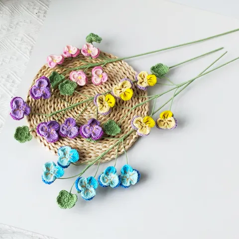 Handmade Crochet Wool Pansy Flower Branch Simulated Floral Arrangement For Home Decor Living Room Desktop Ornament