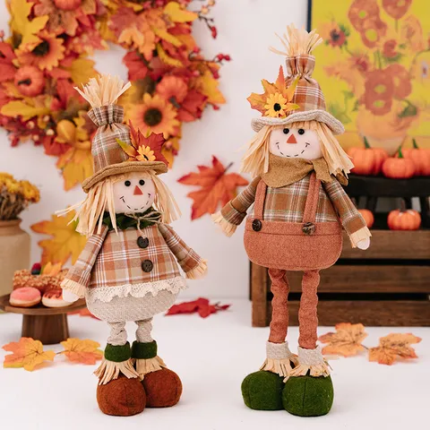 Thanksgiving Harvest Festival Scarecrow Doll Decoration Retractable Standing Scarecrow Figure Fall Home Decor