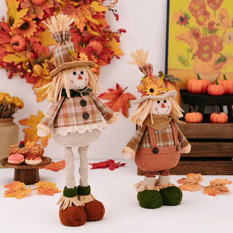 Thanksgiving Harvest Festival Scarecrow Doll Decoration Retractable Standing Scarecrow Figure Fall Home Decor