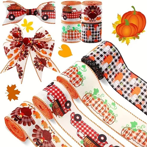Thanksgiving Ribbon Autumn Harvest Pumpkin Plaid Ribbon Maple Leaf Bow Ribbon For Fall Holiday Party Home Decoration