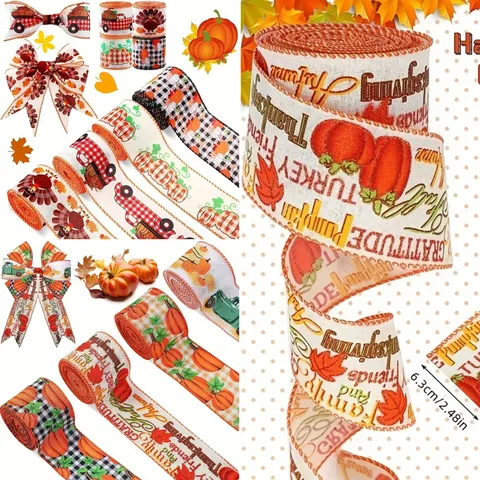 Thanksgiving Ribbon Autumn Harvest Pumpkin Plaid Ribbon Maple Leaf Bow Ribbon For Fall Holiday Party Home Decoration