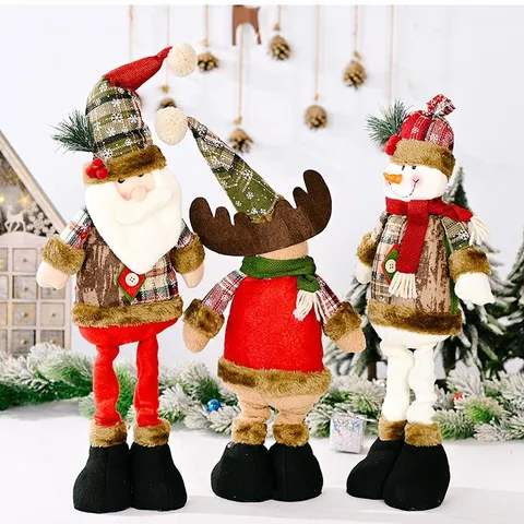 Christmas Retro Snowflake Telescopic Doll Hotel Mall Window Display Desktop Decoration Santa Snowman Reindeer Plush Toy