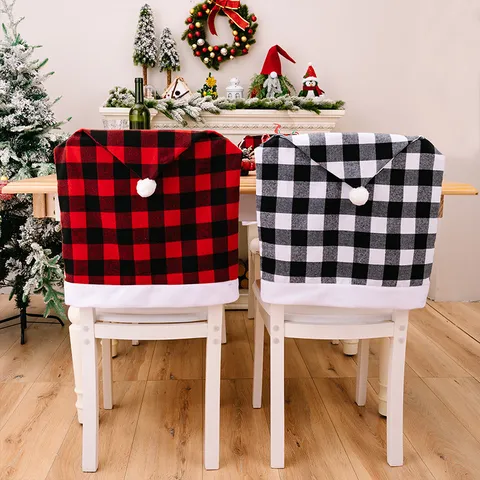 Christmas Red Black White Plaid Chair Cover Santa Hat Style Festive Home Dining Room Decoration Chair Protector