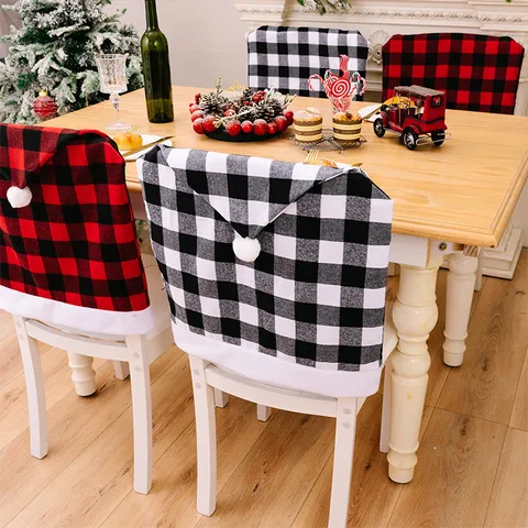 Christmas Red Black White Plaid Chair Cover Santa Hat Style Festive Home Dining Room Decoration Chair Protector