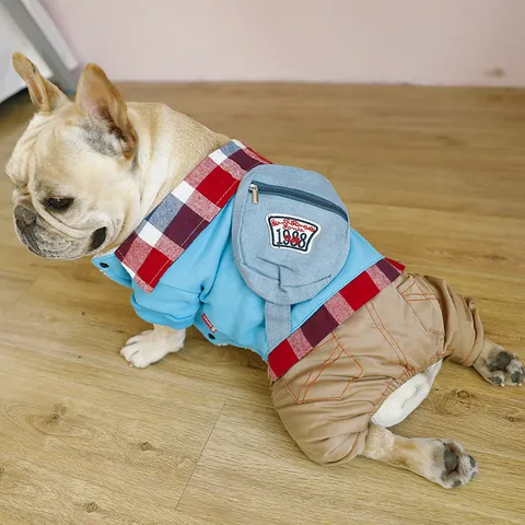 Pet Four Legged Clothes Winter Warm Jumpsuit Dog Fleece Apparel Plaid Collar Cute Small Backpack Design Puppy Outfit