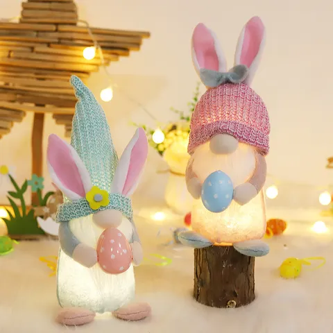 Navidad Pascua Muñeca Sin Rostro Adorno Conejo Luminoso Luz LED Peluche Tejido Gnomo Juguete Vacaciones Decoración Hogar Regalo
